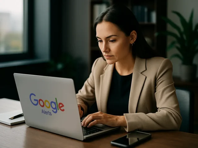 Profesional revisando alertas de Google Alerts para controlar su marca y detectar oportunidades