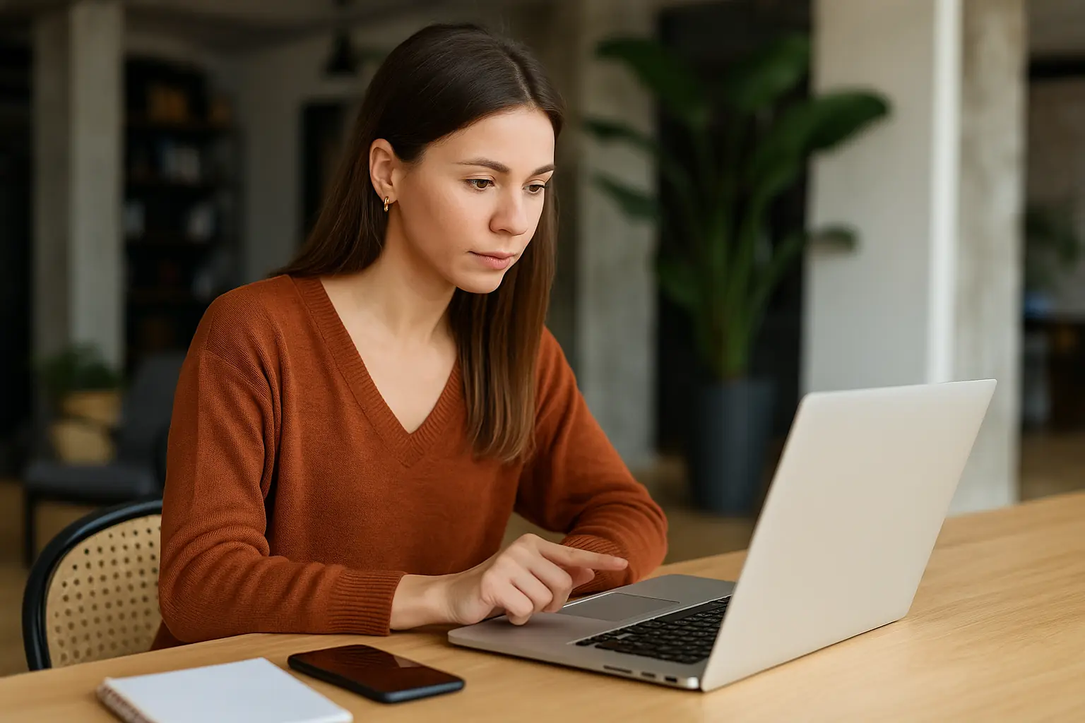 Emprendedora analizando tendencias de Google Trends en su portátil para tomar decisiones estratégicas
