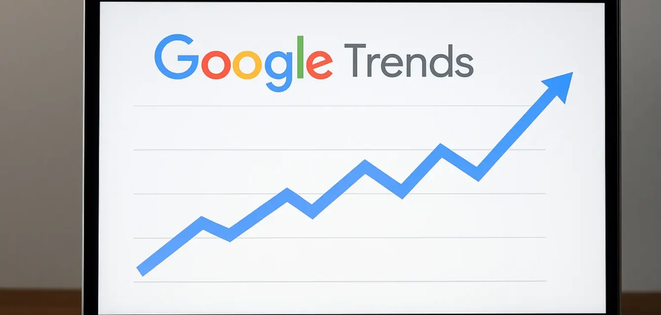 gráfico de tendencias de búsqueda en pantalla con el logo de Google Trends