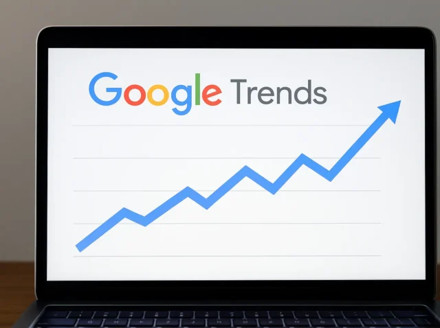 gráfico de tendencias de búsqueda en pantalla con el logo de Google Trends