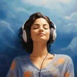 Mujer disfrutando de música sin copyright con auriculares, fondo artístico azul.
