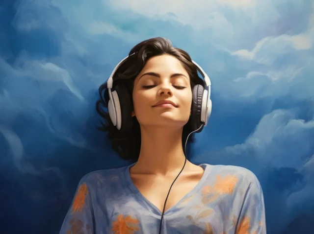 Mujer disfrutando de música sin copyright con auriculares, fondo artístico azul.