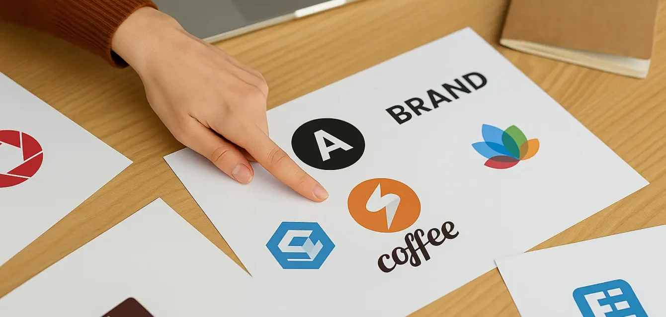 Diferentes tipos de logos impresos sobre papel para representar identidad de marca