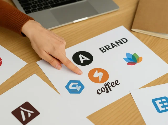 Diferentes tipos de logos impresos sobre papel para representar identidad de marca