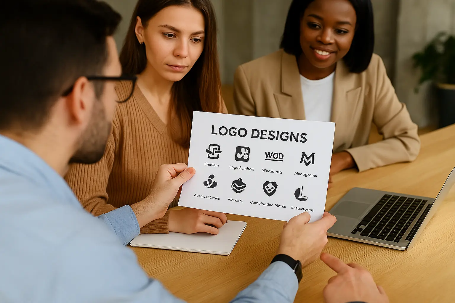 Equipo creativo analizando tipos de logos impresos en una reunión de diseño de marca