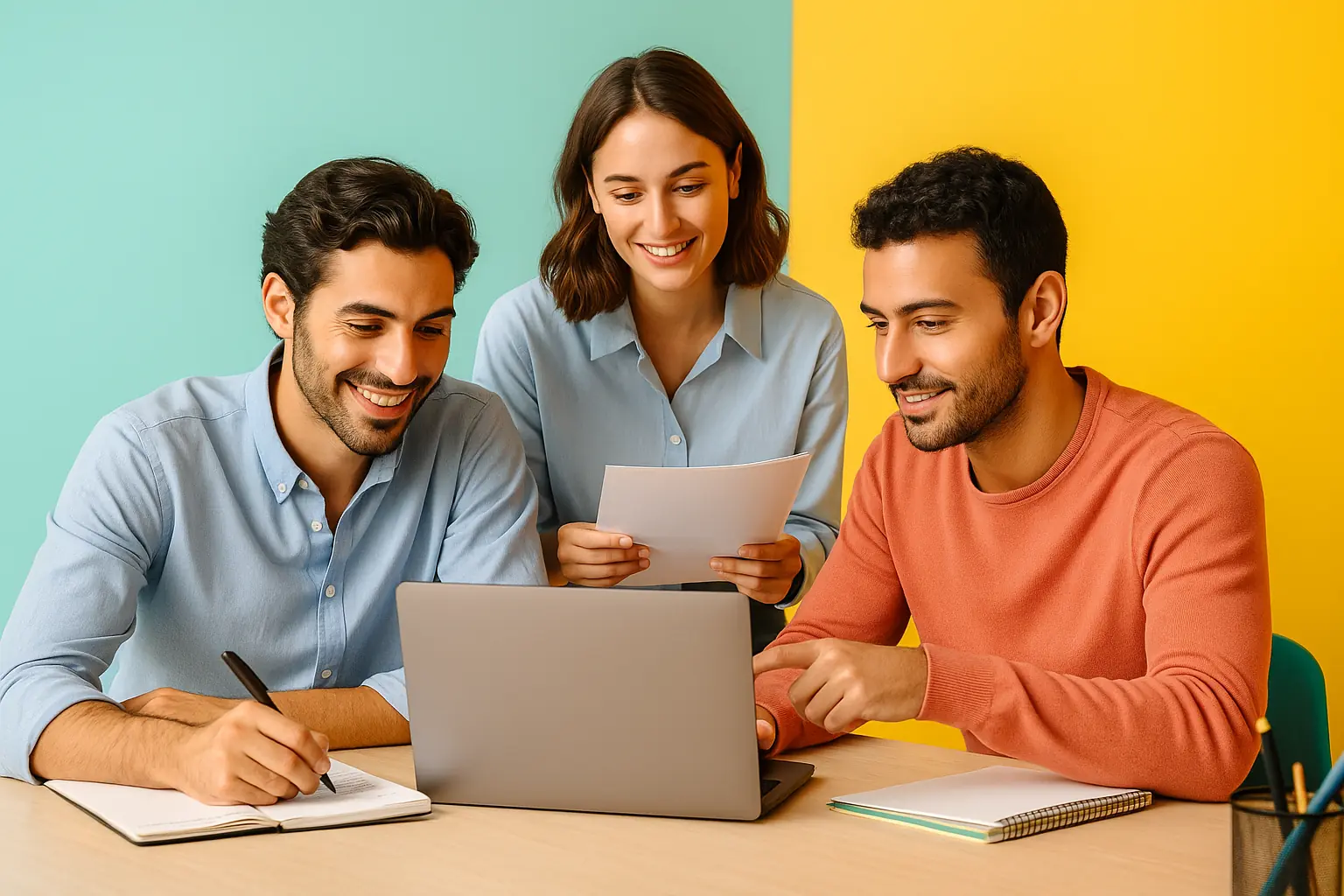 Equipo de jóvenes emprendedores europeos trabajando en una startup innovadora en 2025.