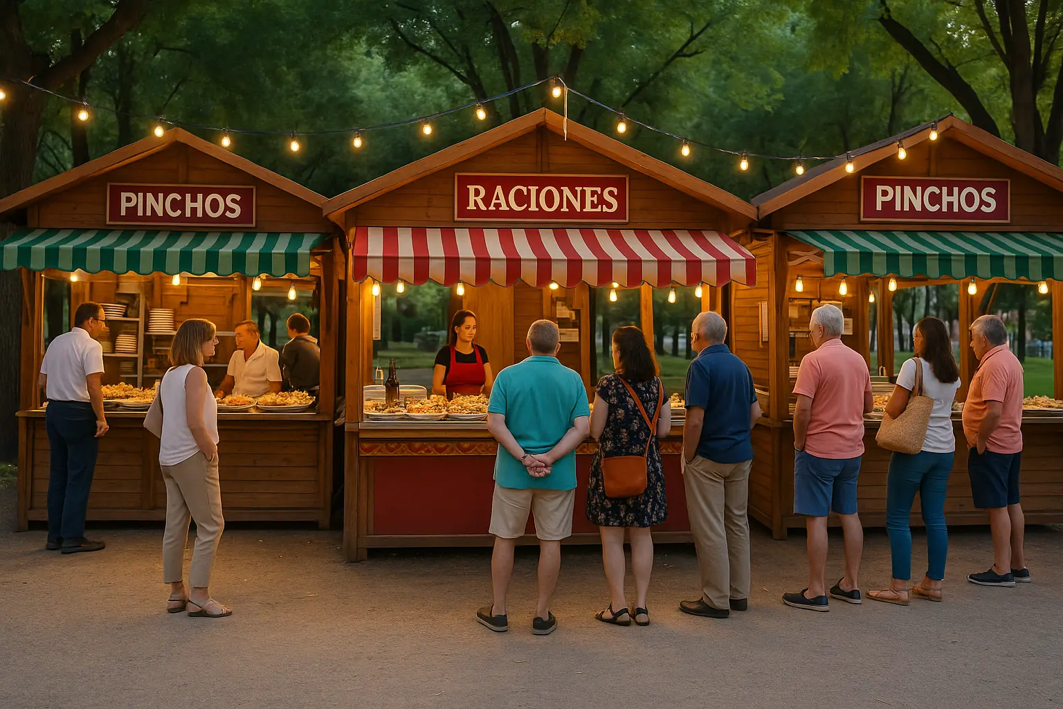 Casetas de pinchos en un parque de Salamanca durante las ferias de 2025, con ambiente festivo y gente disfrutando