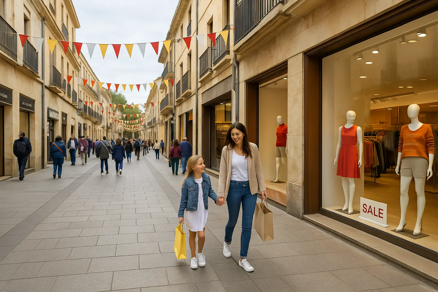 Zona comercial en Salamanca durante las ferias, con tiendas de moda abiertas y clientes paseando bajo decoración festiva