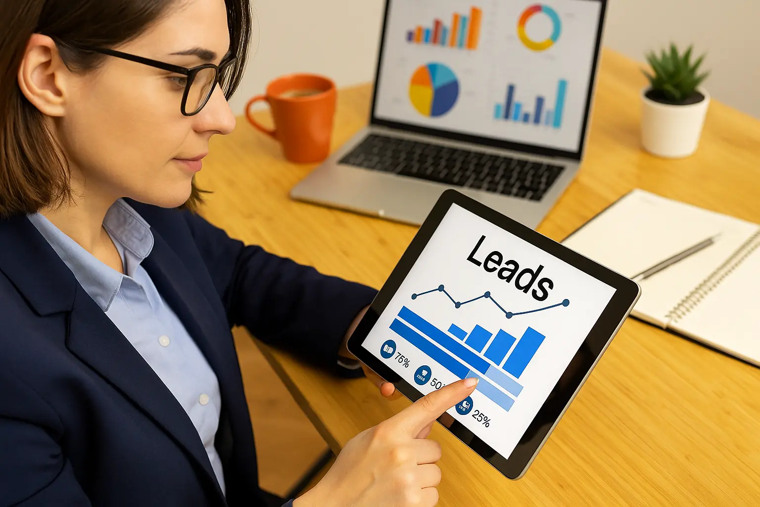 Profesional analizando datos de generación de leads en una tablet dentro de un entorno de oficina