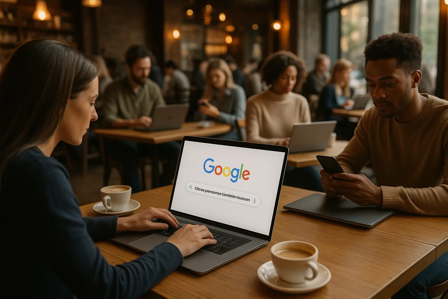 Personas buscando información en Google desde portátiles y móviles en una cafetería llena de actividad