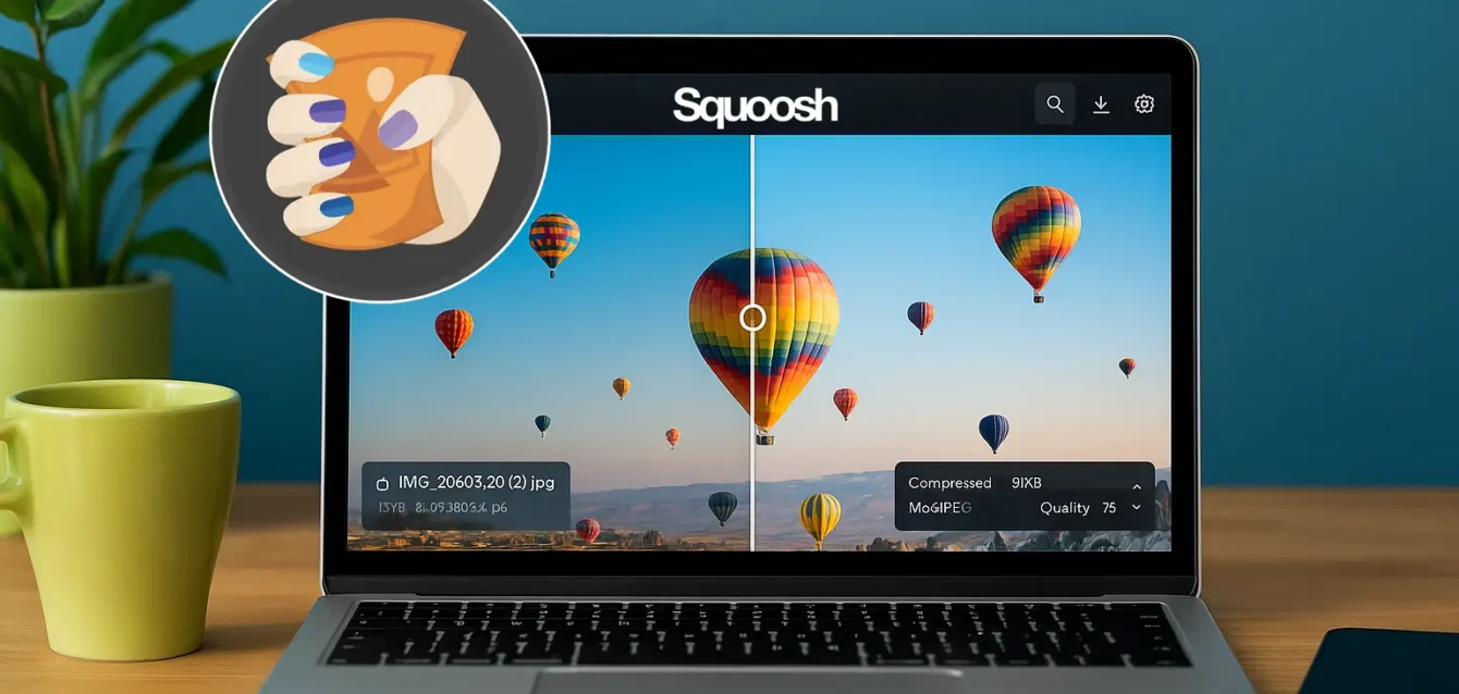 Laptop con la herramienta Squoosh abierta mostrando la compresión de una imagen para optimizar la velocidad web