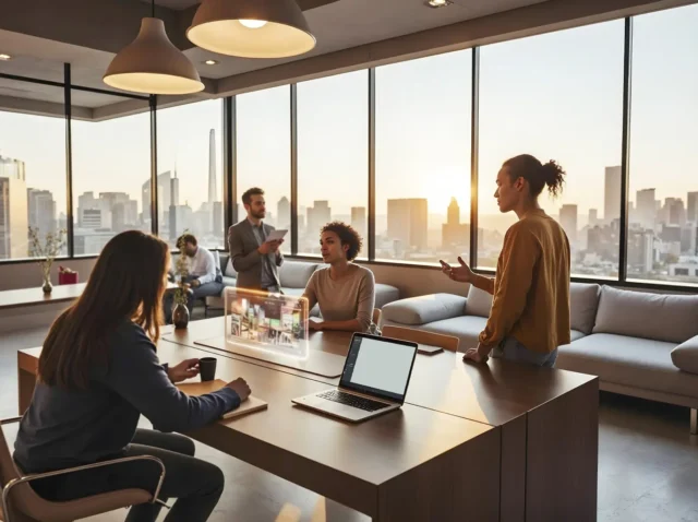 Equipo empresarial trabajando en oficina moderna con tecnología avanzada y diferentes tipos de inteligencia artificial.