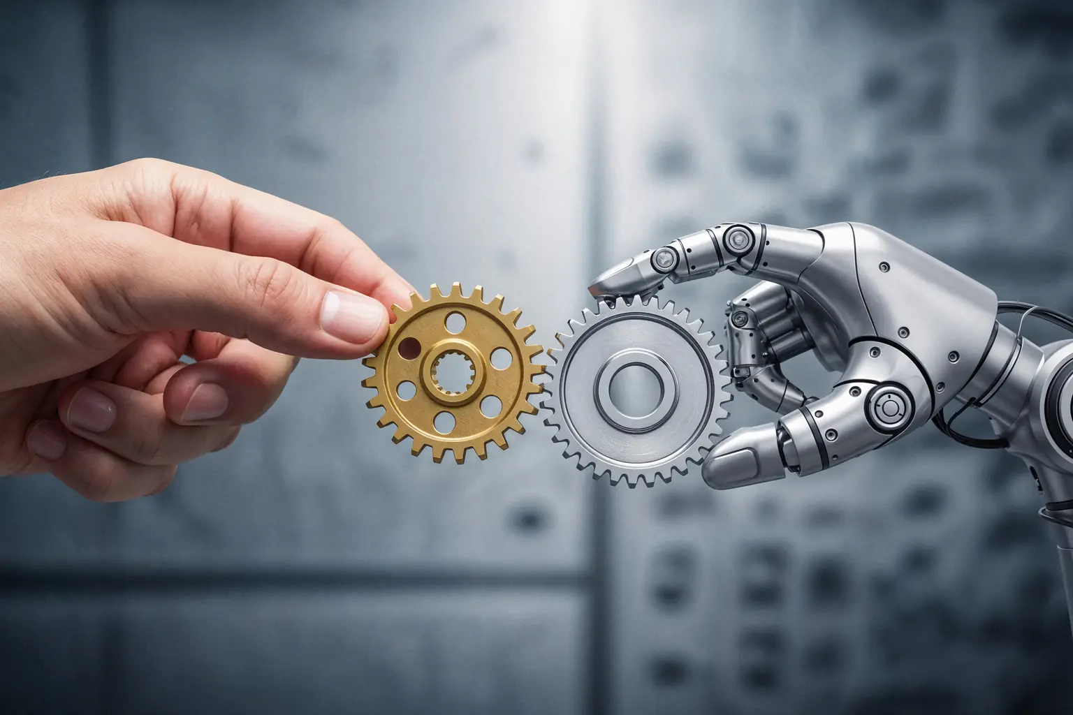 Mano humana y mano robótica conectando engranajes, simbolizando la colaboración entre humanos y tipos de inteligencia artificial.