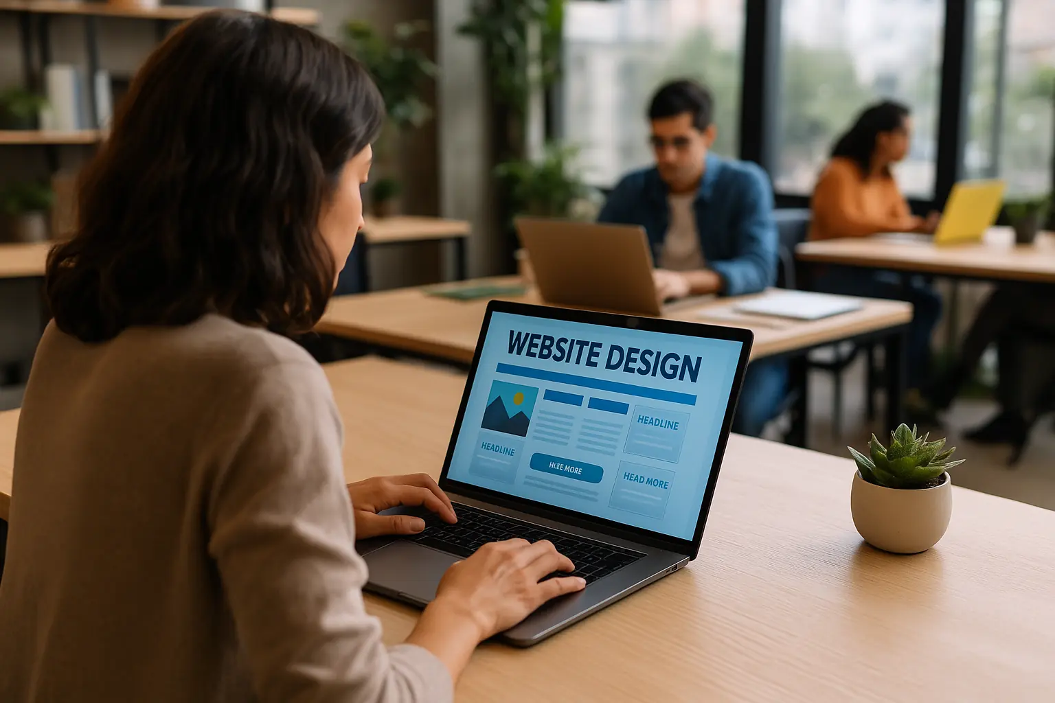 Diseñadora web trabajando desde un coworking moderno en Salamanca, diseñando una página web en su portátil.