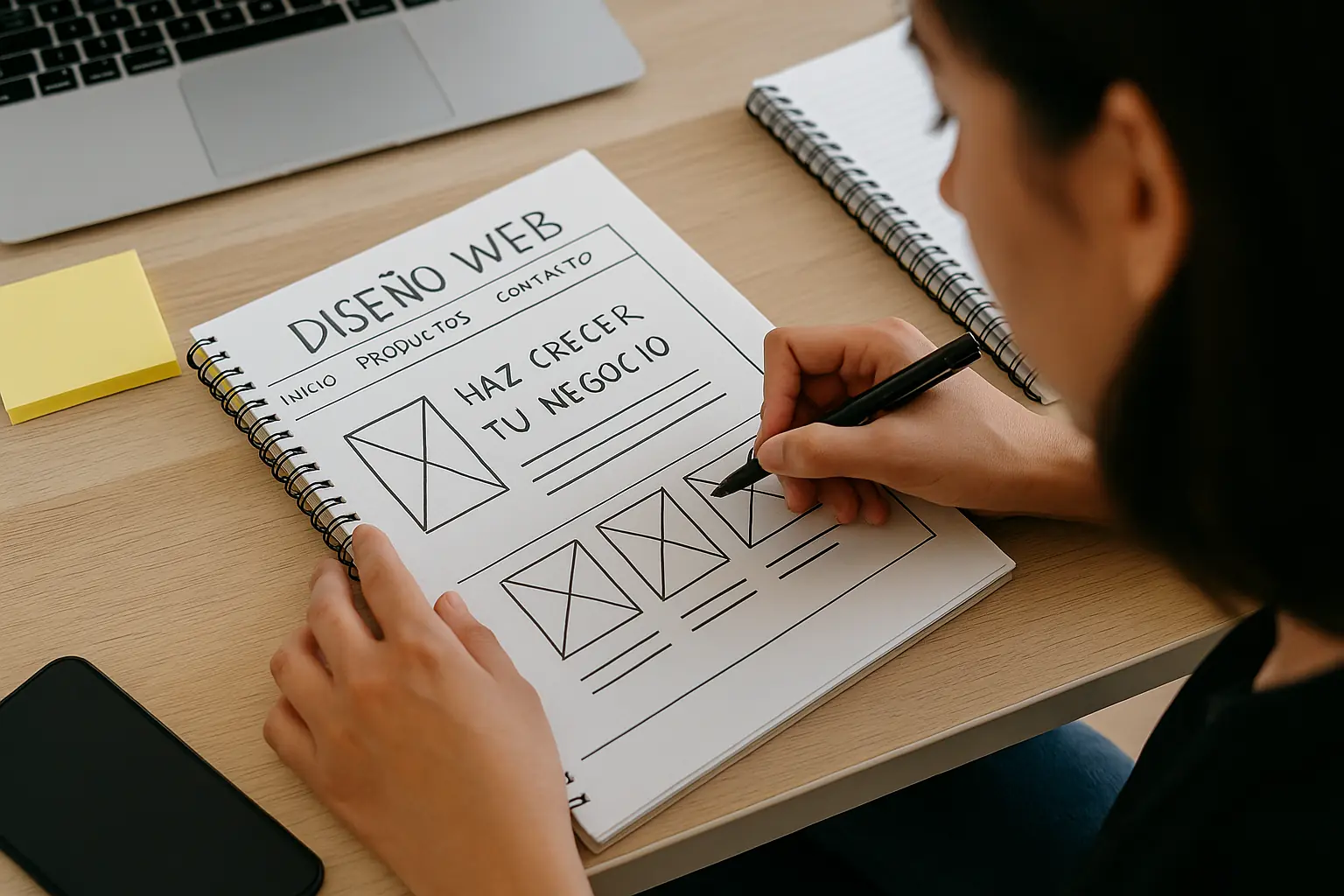 Diseñadora web dibujando un boceto de página web con la frase "Haz crecer tu negocio", en un entorno de trabajo profesional.