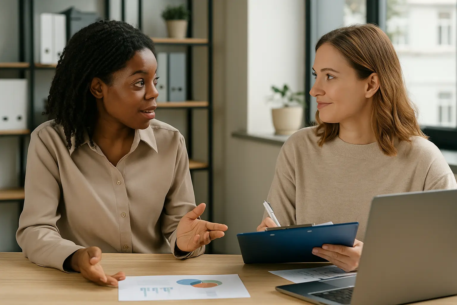 Dos mujeres profesionales analizando opiniones de clientes en una oficina moderna, representando el concepto de feedback efectivo.
