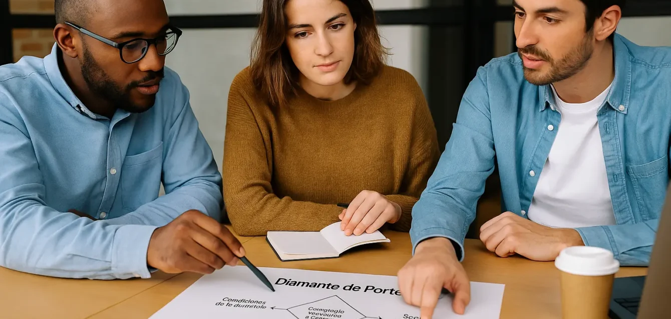 personas-estudiando-diamante-de-porter Equipo de profesionales analizando estrategias con el modelo del diamante de Porter en una reunión