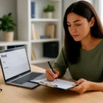 Mujer revisando un post de marketing digital en la pantalla de su ordenador portátil
