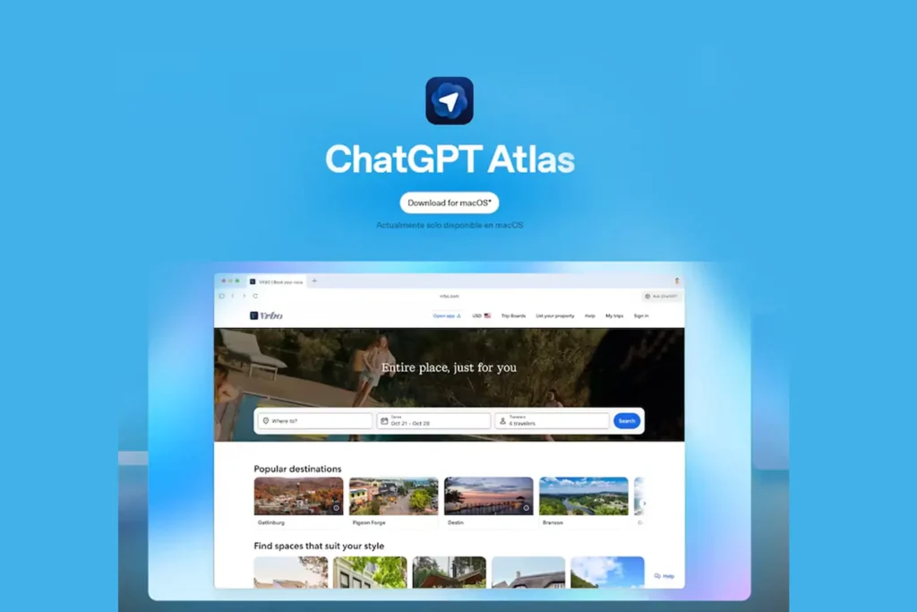 Pantalla de descarga de ChatGPT Atlas para macOS con vista previa del navegador inteligente