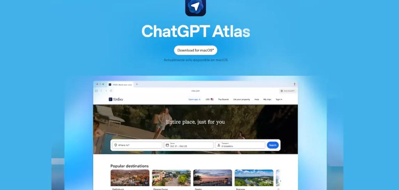 Pantalla de descarga de ChatGPT Atlas para macOS con vista previa del navegador inteligente