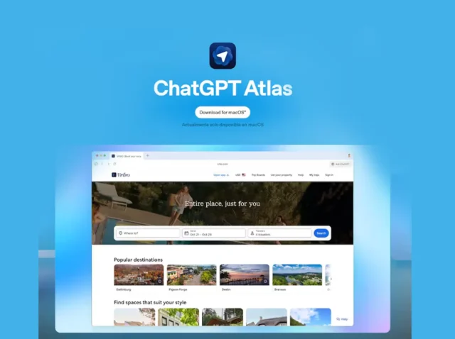Pantalla de descarga de ChatGPT Atlas para macOS con vista previa del navegador inteligente