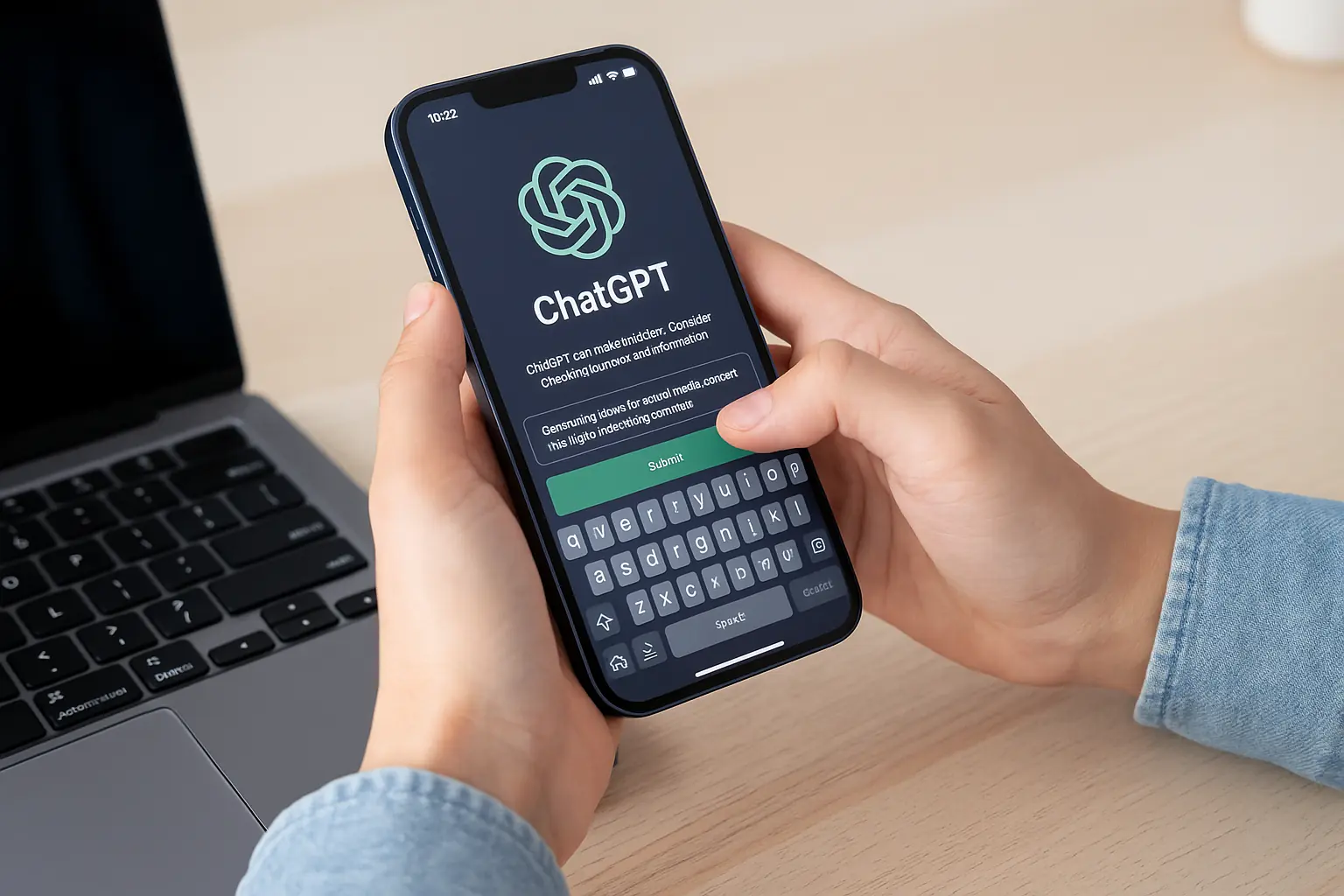 Persona utilizando Chat GPT con un prompt en pantalla, ejemplo práctico de uso real.