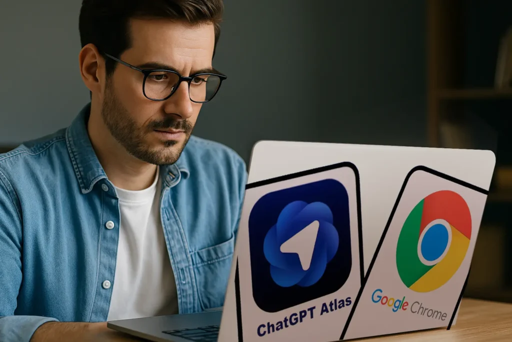 Hombre usando portátil con logotipos de ChatGPT Atlas y Google Chrome en la carcasa