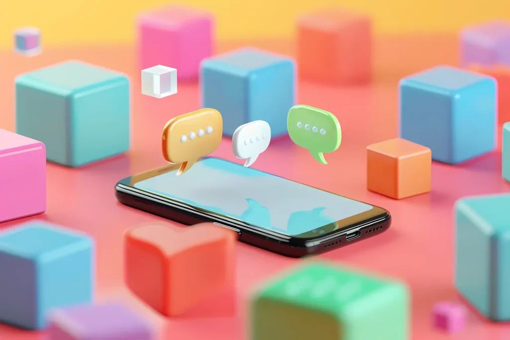 Iconos de mensajes sobre un smartphone, representando la comunicación digital y bidireccional.