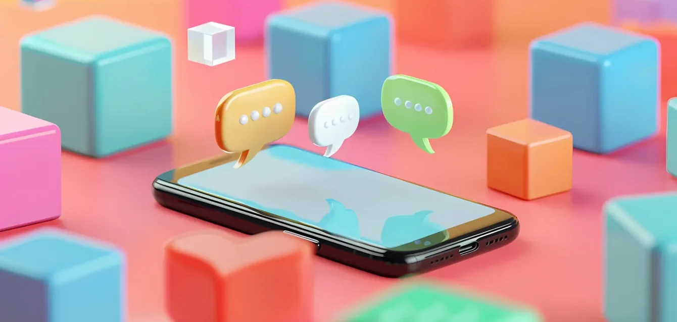 elementos-comunicacion-marketing-digital Iconos de mensajes sobre un smartphone, representando la comunicación digital y bidireccional.