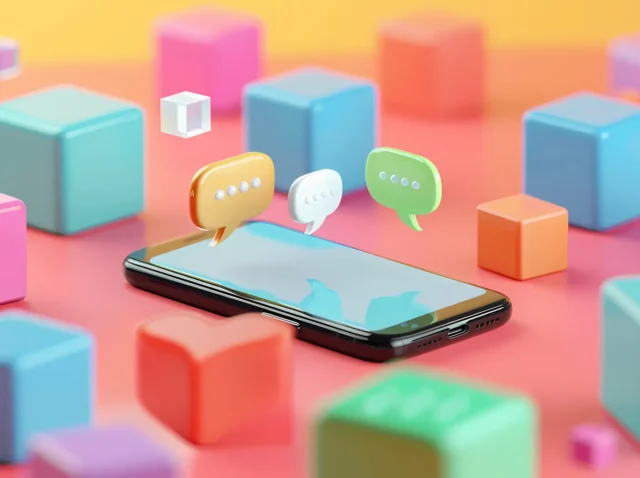 Iconos de mensajes sobre un smartphone, representando la comunicación digital y bidireccional.