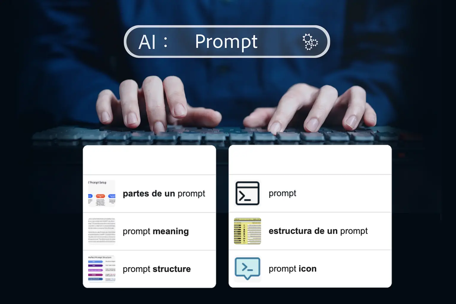 Manos tecleando un prompt de IA con ejemplos visuales de estructura y significado de prompt, básico para saber cómo usar Chat GPT