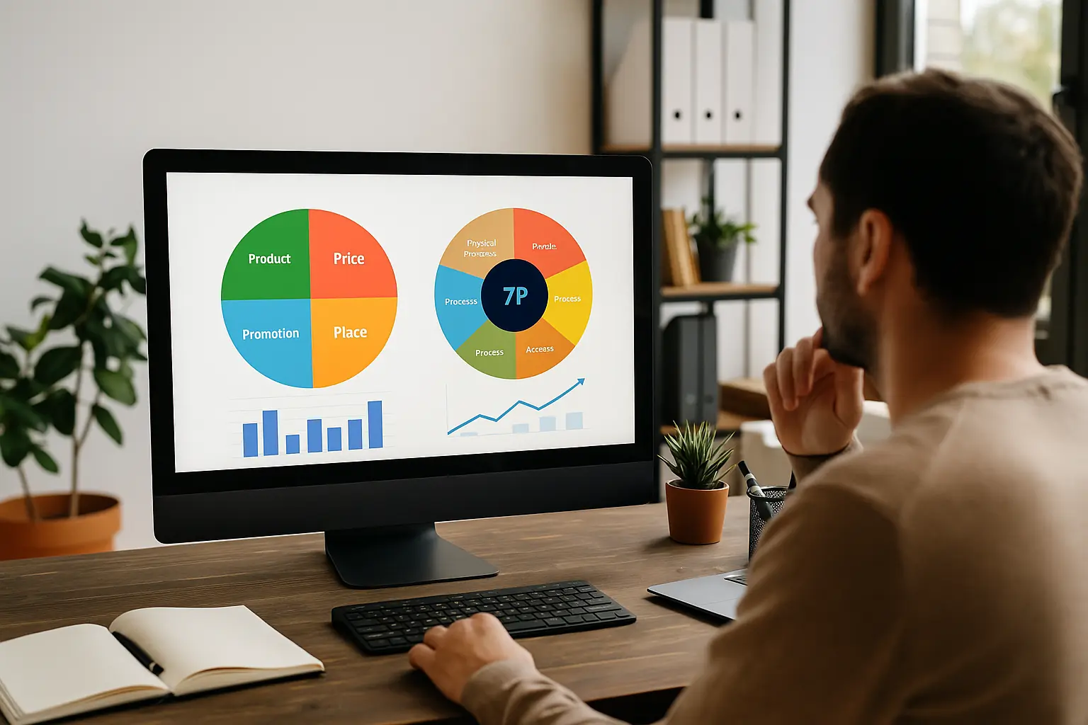 Persona revisando una estrategia de marketing mix en una pantalla con gráficos de las 4P y 7P del marketing.