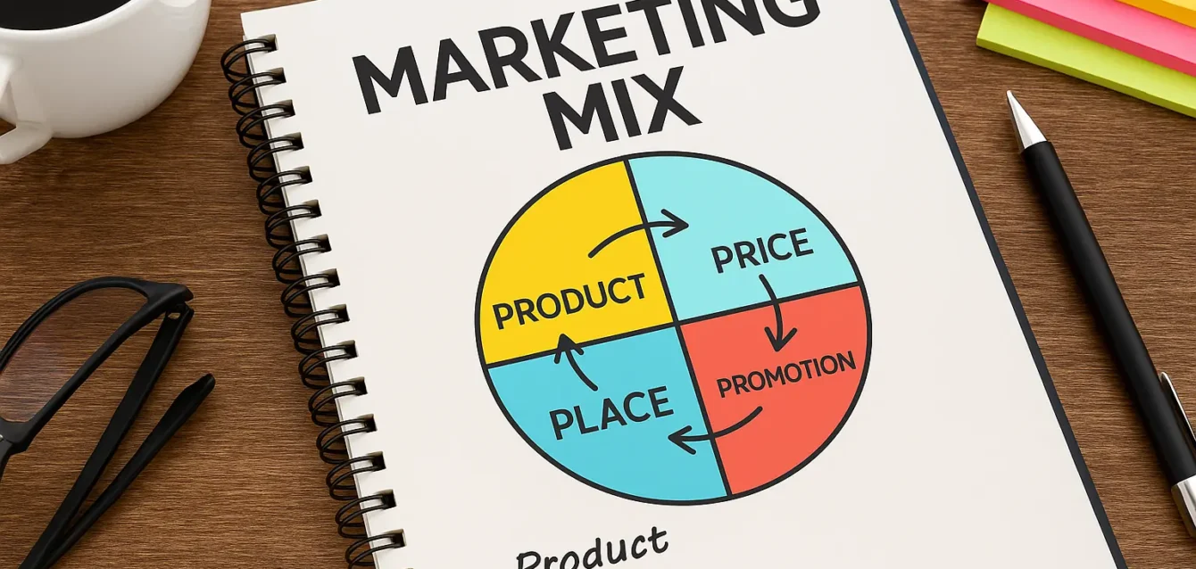 Notebook con esquema de estrategia de marketing mix 4P y 7P