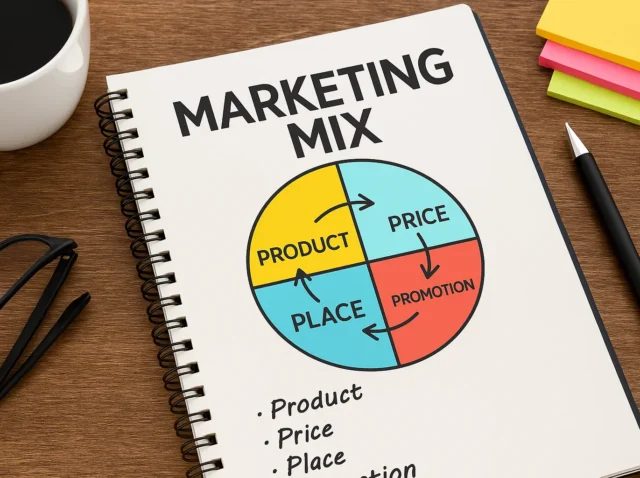 Notebook con esquema de estrategia de marketing mix 4P y 7P