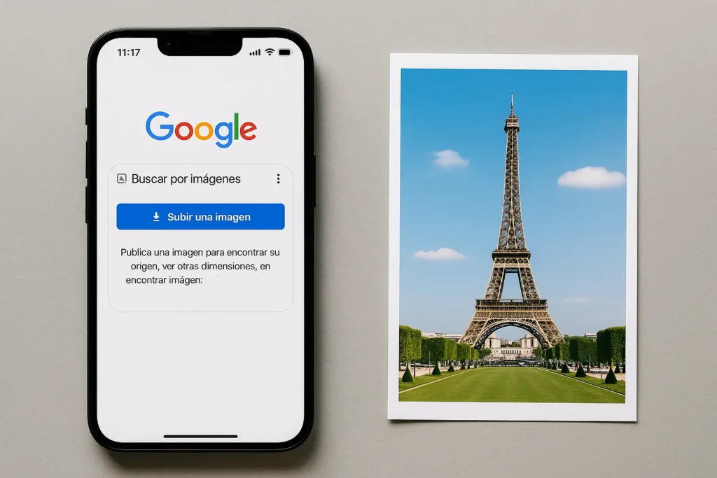 Búsqueda por imagen en smartphone usando Google Lens junto a una fotografía física
