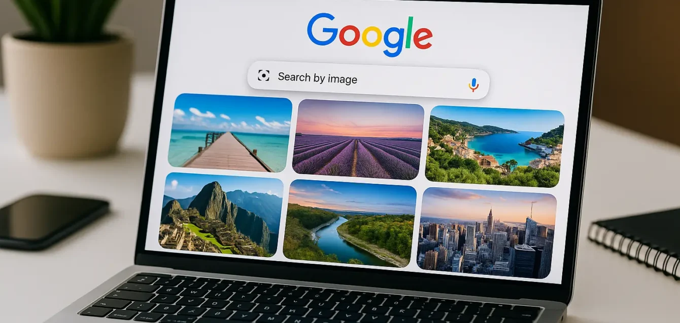 Búsqueda por imagen en Google en portátil sobre escritorio moderno