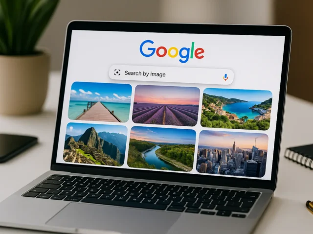 Búsqueda por imagen en Google en portátil sobre escritorio moderno