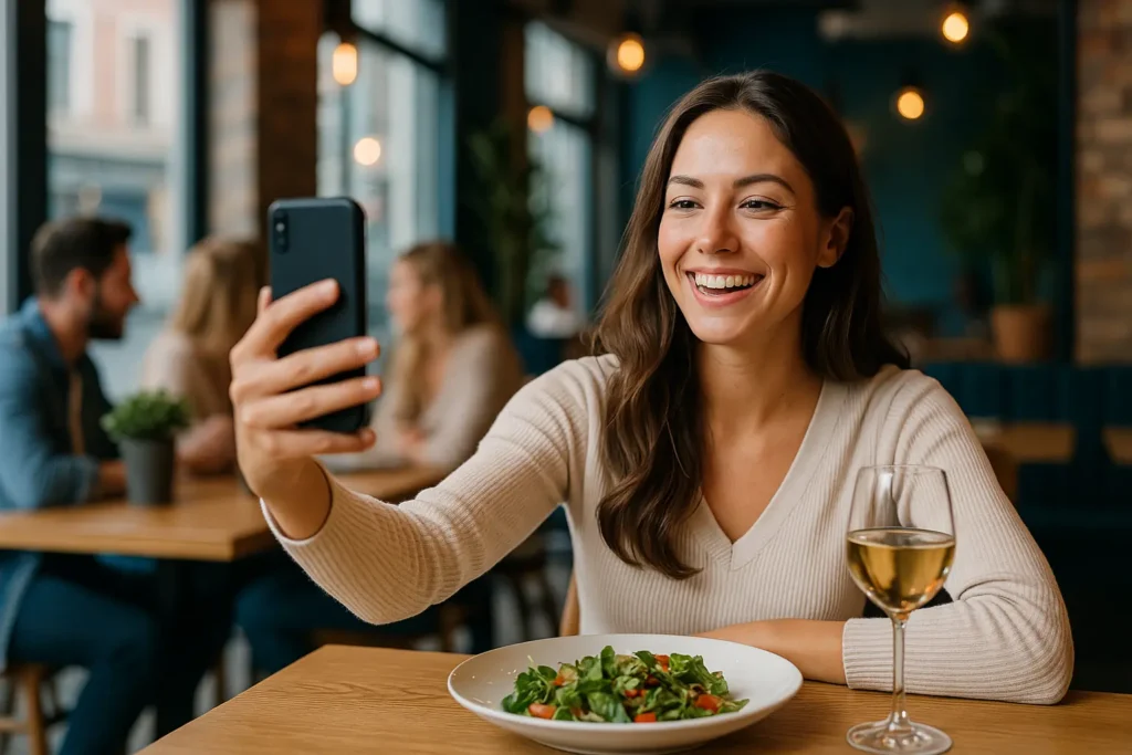 Cliente sonriente en restaurante moderno tomando una foto de su plato con el smartphone