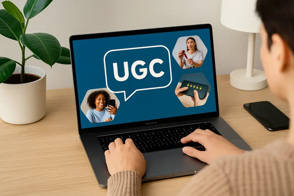 Persona usando portátil creando contenido generado por usuarios, dando respuesta a qué es UGC, en una oficina moderna