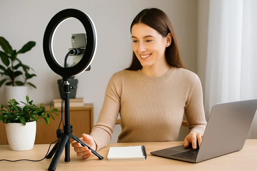 Creadora de contenido grabando un video con luz profesional y portátil en una oficina moderna