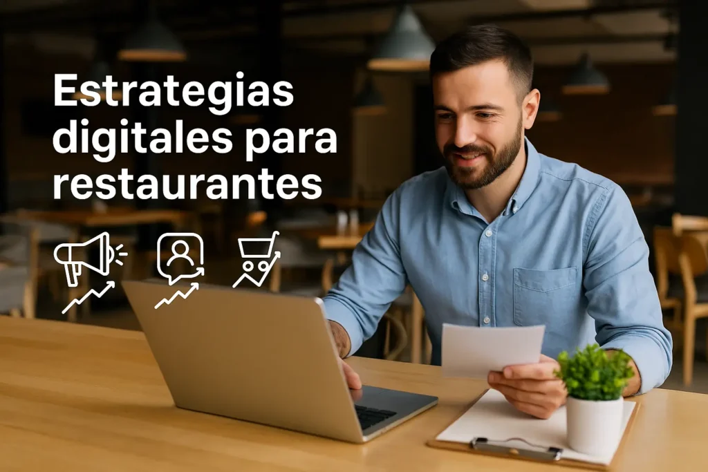 Miembro del equipo de marketing analizando estrategias digitales para restaurantes en una oficina moderna