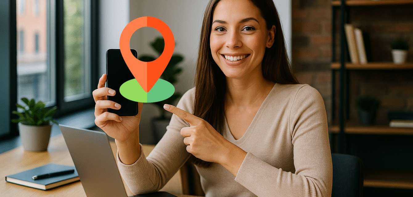 Profesional de marketing digital mostrando su smartphone en una oficina moderna para destacar servicios cercanos al negocio.