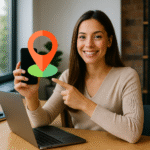 Profesional de marketing digital mostrando su smartphone en una oficina moderna para destacar servicios cercanos al negocio.