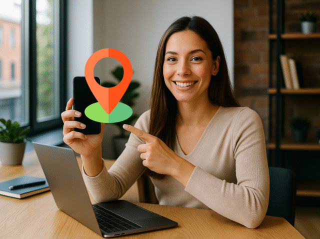 Profesional de marketing digital mostrando su smartphone en una oficina moderna para destacar servicios cercanos al negocio.