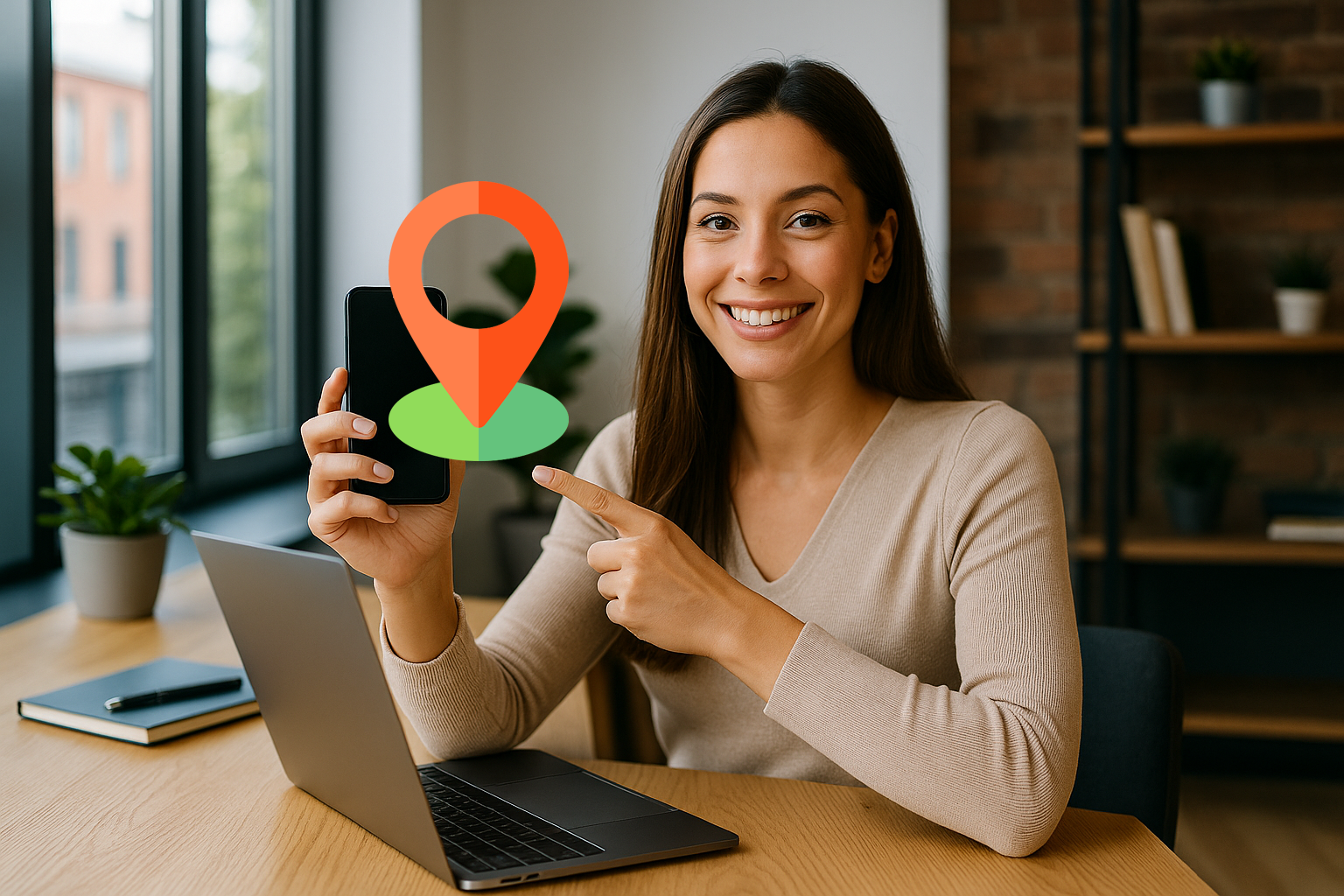 Profesional de marketing digital mostrando su smartphone en una oficina moderna para destacar servicios cercanos al negocio.