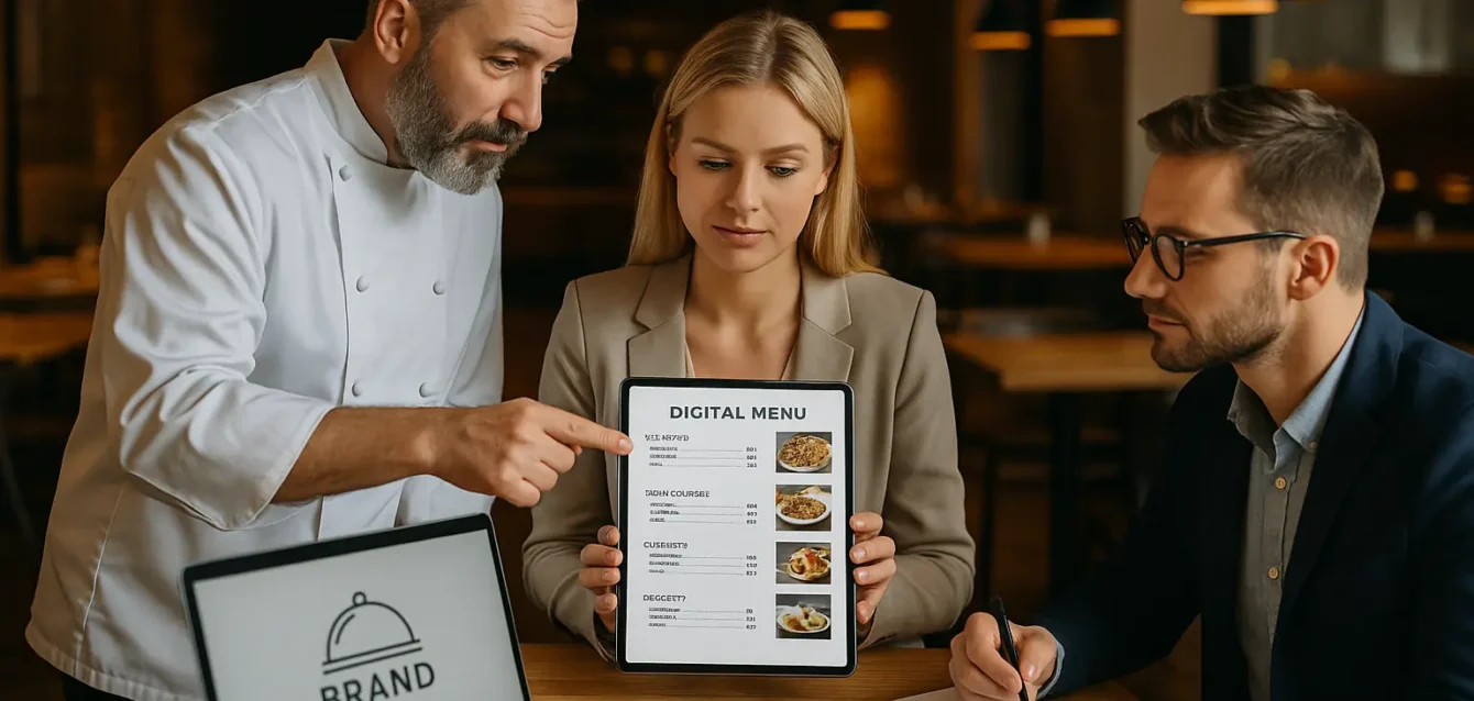 chef y profesionales de marketing revisando un menú digital en una tablet dentro de un restaurante moderno