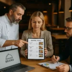 chef y profesionales de marketing revisando un menú digital en una tablet dentro de un restaurante moderno