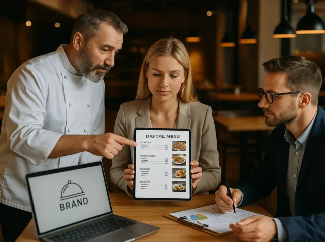 chef y profesionales de marketing revisando un menú digital en una tablet dentro de un restaurante moderno