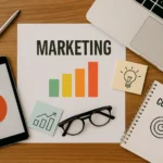 Vista cenital de una mesa con materiales de marketing digital, incluyendo gráficos, notas y herramientas de análisis.