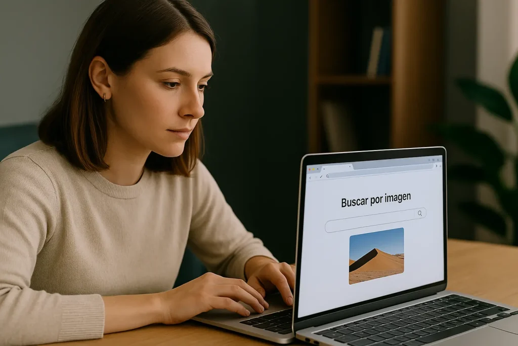 mujer usando la búsqueda por imagen en un ordenador portátil en una oficina moderna